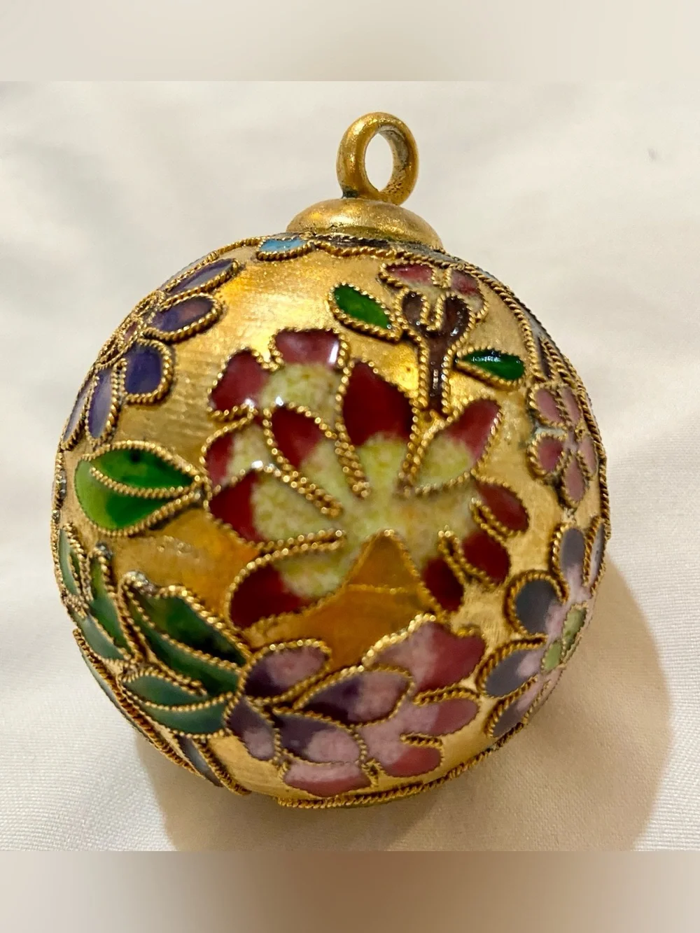 Beautiful Vintage Cloisonné Christmas Ornament Gold, Purple Pink & Green Flowers